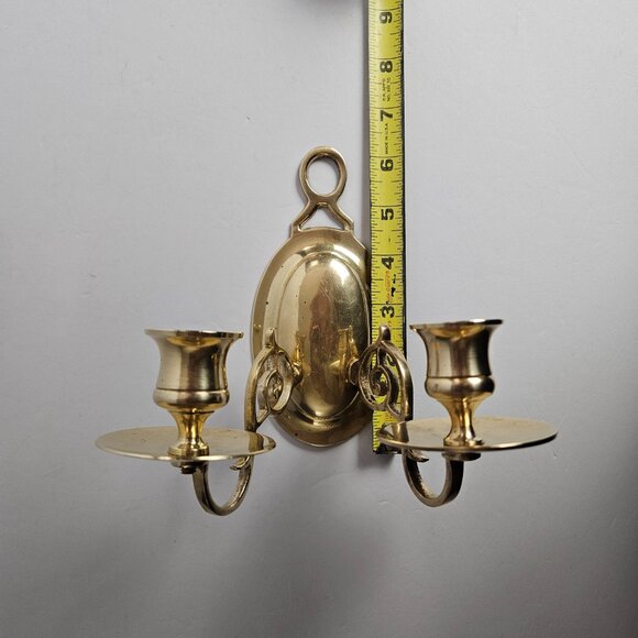 Vtg Solid Brass Candle Holder Double Ornate Scrolled Wall Sconce 6.25”t x 6.5"w - Picture 13 of 16